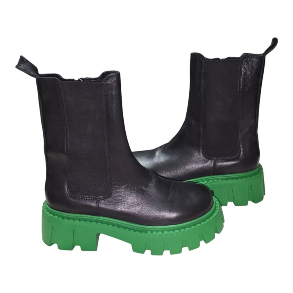 Steve Madden Charges Black Green Sole Leather Zip Up‎ Chunky Boots size 7 New - Picture 3 of 14